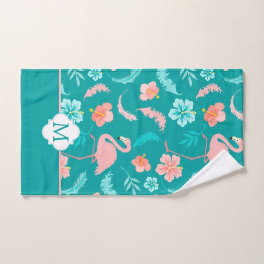 Hibiscus Pink Flamingo Tropical Monogram Bad Handdoek (Handdoek)