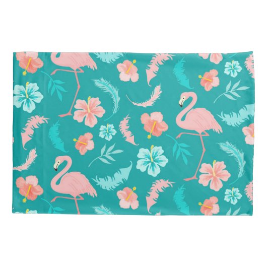 Hibiscus Pink Flamingo Tropisch Blauwgroen Kussensloop (Achterkant)