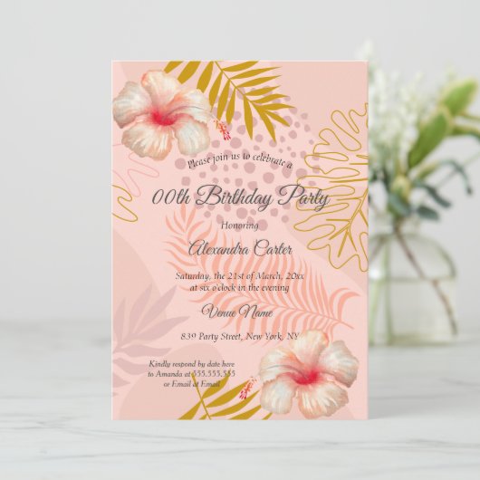 Hibiscus Pink Tropic Floral Birthday Party Kaart (Staand voorkant)