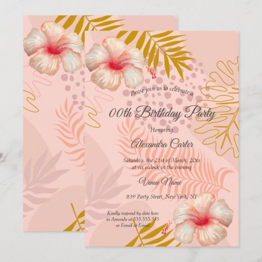 Hibiscus Pink Tropic Floral Birthday Party Kaart (Voorkant / Achterkant)