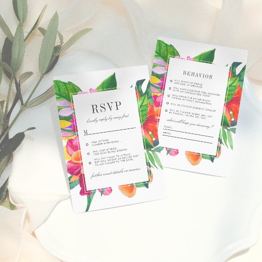 Hibiscus, Plumeria & Palm Funny Wedding RSVP Kaart