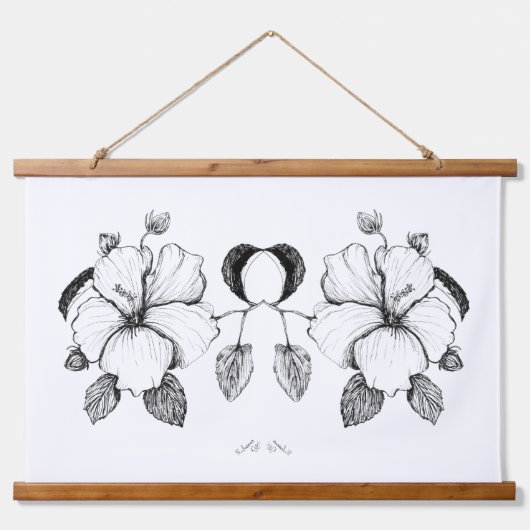 Hibiscus Poster B&W Inktekening Hangend Wandkleed (Voorkant)