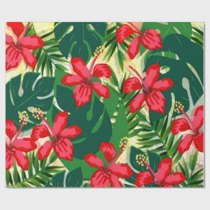 Hibiscus Red Flowers Tropisch Groen Cadeaupapier