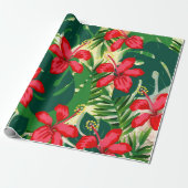 Hibiscus Red Flowers Tropisch Groen Cadeaupapier (Uitgerold)