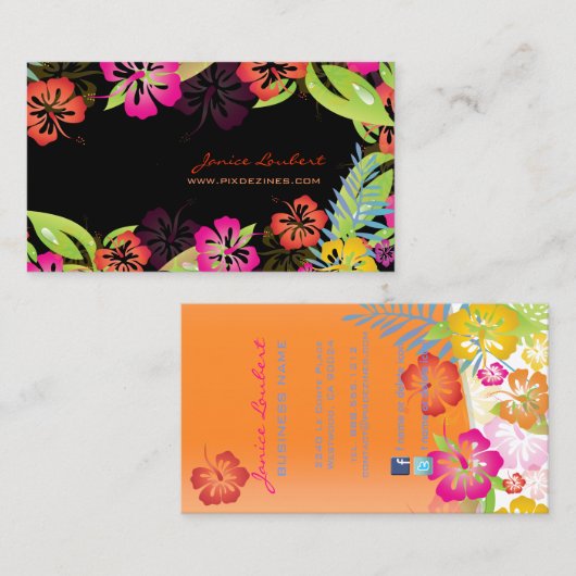 Hibiscus, Retro vettige tropische bloemen Visitekaartje (Voorkant / Achterkant)