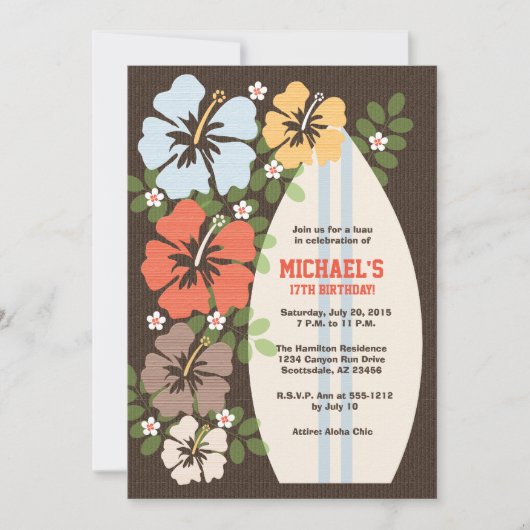 Hibiscus Surfboard Birthday Party Invitations Kaart (Voorkant)