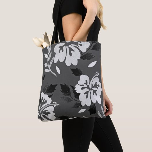 Hibiscus-teen-zwarte en witte bloemen-eiland tote bag (Dichtbij)