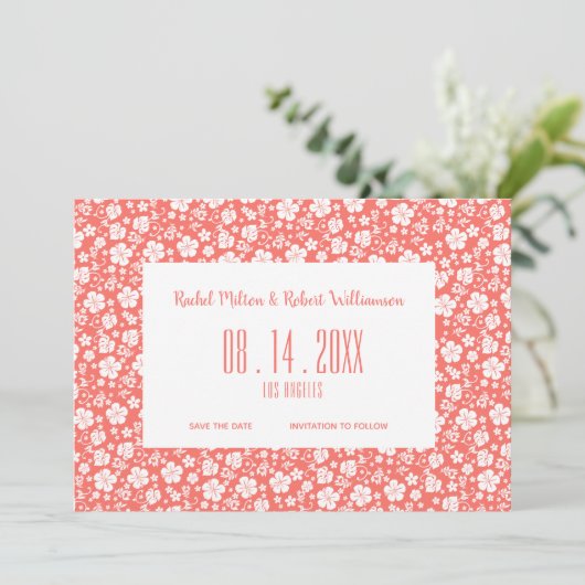 Hibiscus Tropical Coral Wedding Save The Date (Staand voorkant)