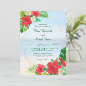 Hibiscus Tropical Floral Beach Wedding Kaart (Staand voorkant)