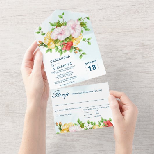 Hibiscus Tropical Floral Wedding All In One Uitnodiging (Afscheurbaar)