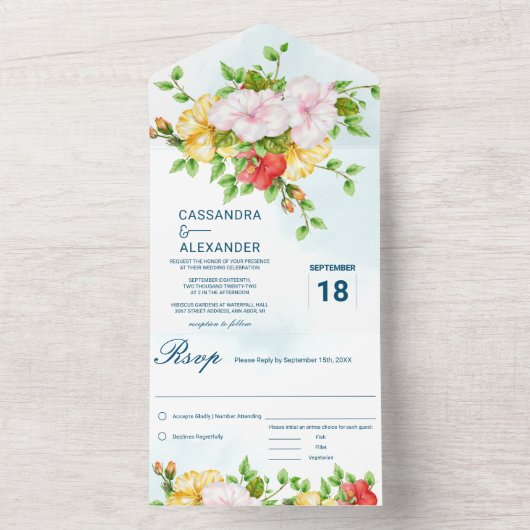 Hibiscus Tropical Floral Wedding All In One Uitnodiging (Binnen)