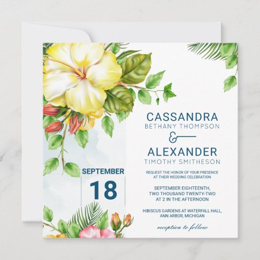 Hibiscus Tropical Floral Wedding Invitation Kaart (Voorkant)