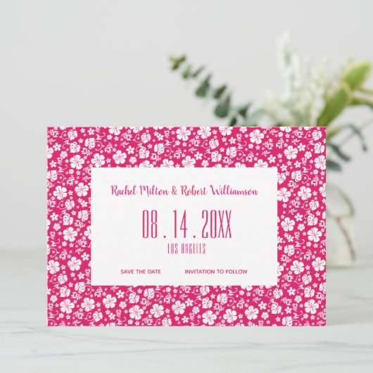 Hibiscus Tropical Hot Pink Weddenschap Save The Date (Staand voorkant)