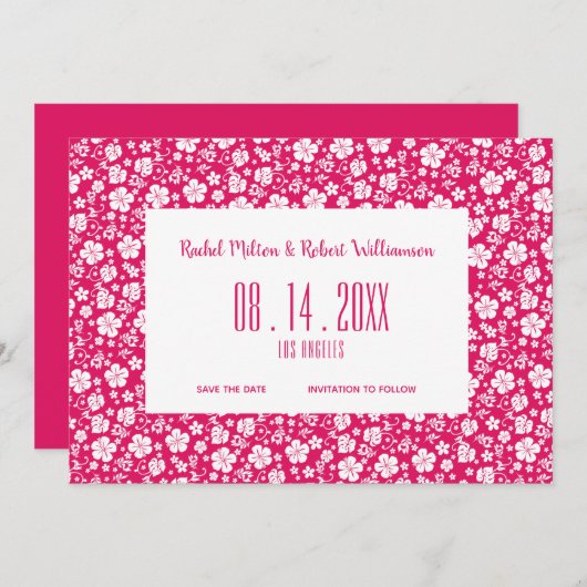 Hibiscus Tropical Hot Pink Weddenschap Save The Date (Voorkant / Achterkant)