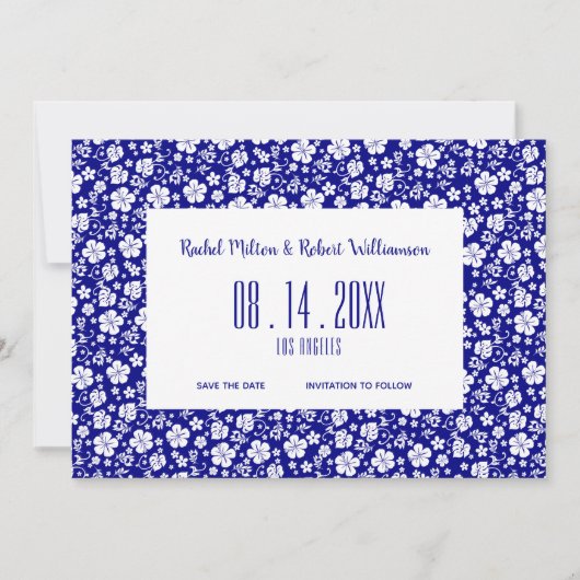 Hibiscus Tropical Navy Blue Wedding Save The Date (Voorkant)