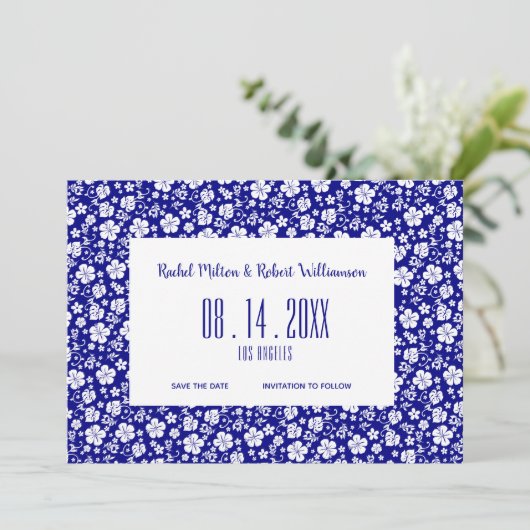Hibiscus Tropical Navy Blue Wedding Save The Date (Staand voorkant)