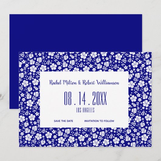 Hibiscus Tropical Navy Blue Wedding Save The Date (Voorkant / Achterkant)