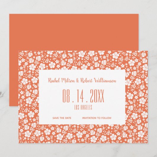 Hibiscus Tropical Peach Wedding Save The Date (Voorkant / Achterkant)