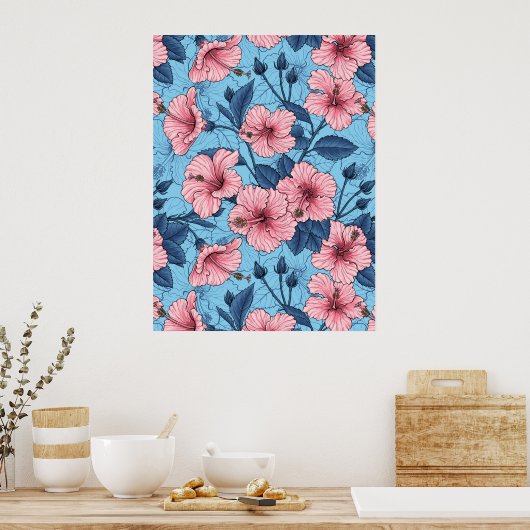 Hibiscus Tropisch Bloempatroon Poster (Keuken)