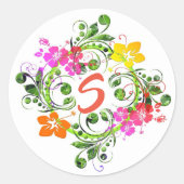 Hibiscus tropische bloemenkrans groen roze geel ronde sticker (Voorkant)