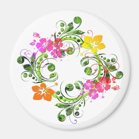 Hibiscus tropische bloemkrans groen roze geel magneet (Voorkant)