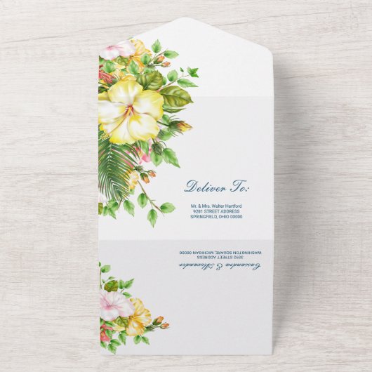 Hibiscus Tropische bruiloft All In One Uitnodiging (Buitenkant)