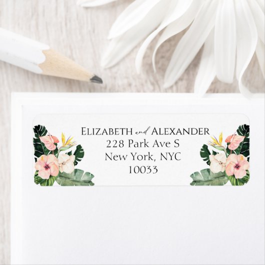 Hibiscus Tropische Bruiloft Retouradres Label (Insitu)