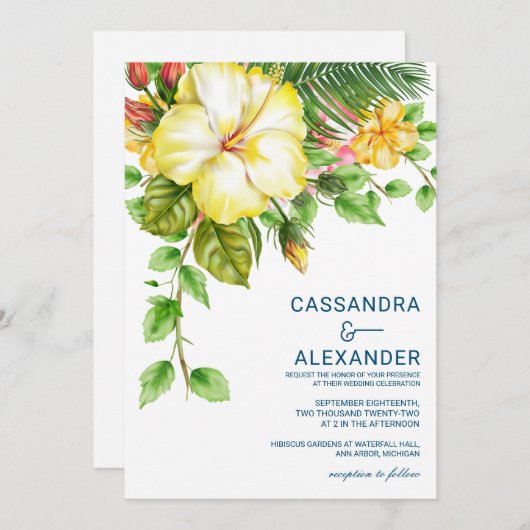Hibiscus Tropische bruiloft uitnodiging (Voorkant / Achterkant)