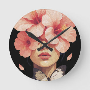 Hibiscus & Vlinder – Moderne Bloemige Botanische K Ronde Klok