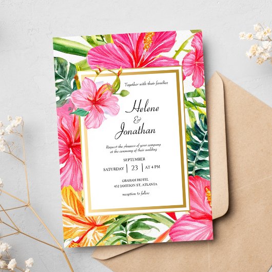 Hibiscus Waterverf Tropical Destination Wedding Kaart