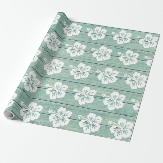 Hibiscus Wrapping paper Driftwood Beach. Jade Cadeaupapier (Uitgerold)