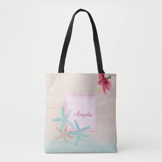 Hibiscus Zeesterren Strand Tote Bag (Voorkant)