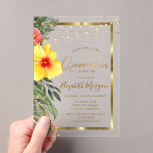 Hibiscusblad,Lichten,Hout,Kader Quinceanera Acryl Uitnodigingen