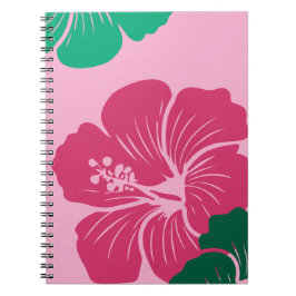 Hibiscusbloem Heet Roze met Groene Bladeren Notitieboek