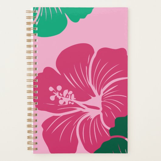 Hibiscusbloem Heet Roze met Groene Bladeren Planner (Voorkant)