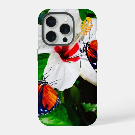 Hibiscusbloem met 2 Tiger Longwing vlinders iPhone Hoesje (Achterkant)