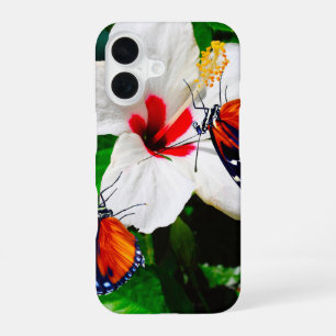 Hibiscusbloem met 2 tijger longwing vlinders iPhone 16 hoesje