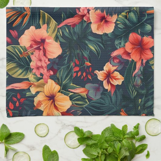 Hibiscusbloemen, een tropisch bloemmotief theedoek (Gevouwen)