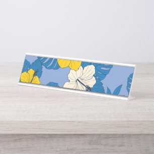 Hibiscusbloemen en bladeren  bureau naambordje