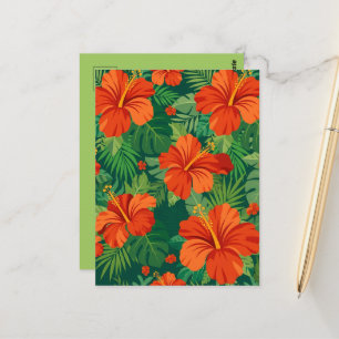 Hibiscusbloemen Rood Oranje Groen Jungleblad Briefkaart