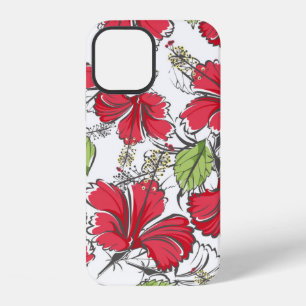 hibiscuspatroon met tropische bladeren en bloemen iPhone 12 hoesje