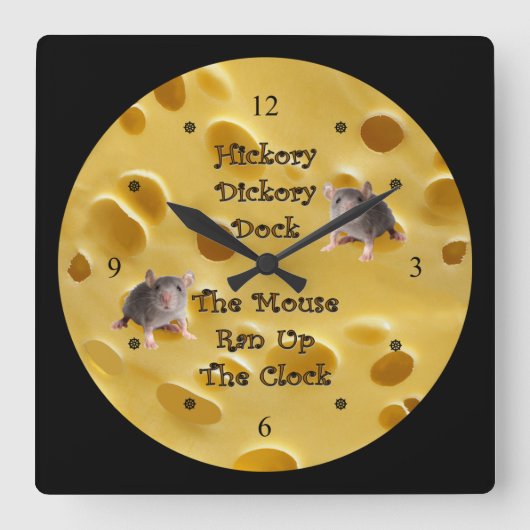 Hickory Dickory Dock ~ Swiss Cheese Vierkante Klok (Voorkant)