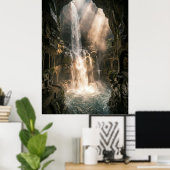 Hidden Cave Waterfall Sunlight Rays Poster (Thuiskantoor)