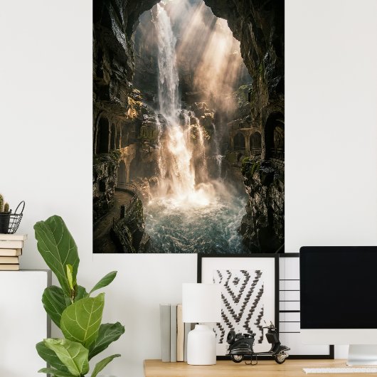 Hidden Cave Waterfall Sunlight Rays Poster (Thuiskantoor)