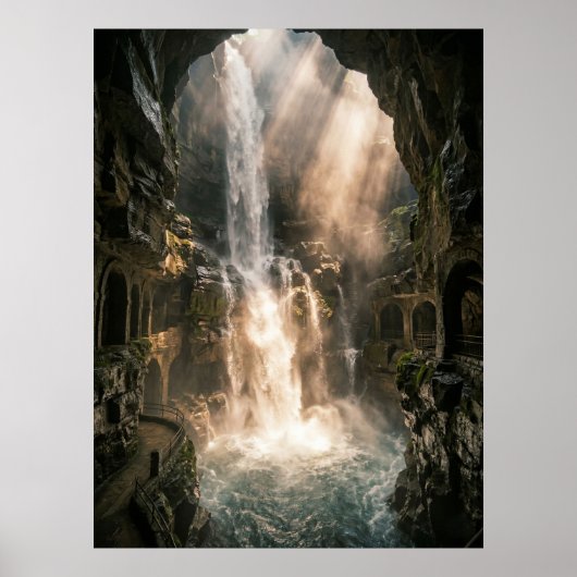 Hidden Cave Waterfall Sunlight Rays Poster (Voorkant)
