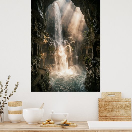Hidden Cave Waterfall Sunlight Rays Poster (Keuken)