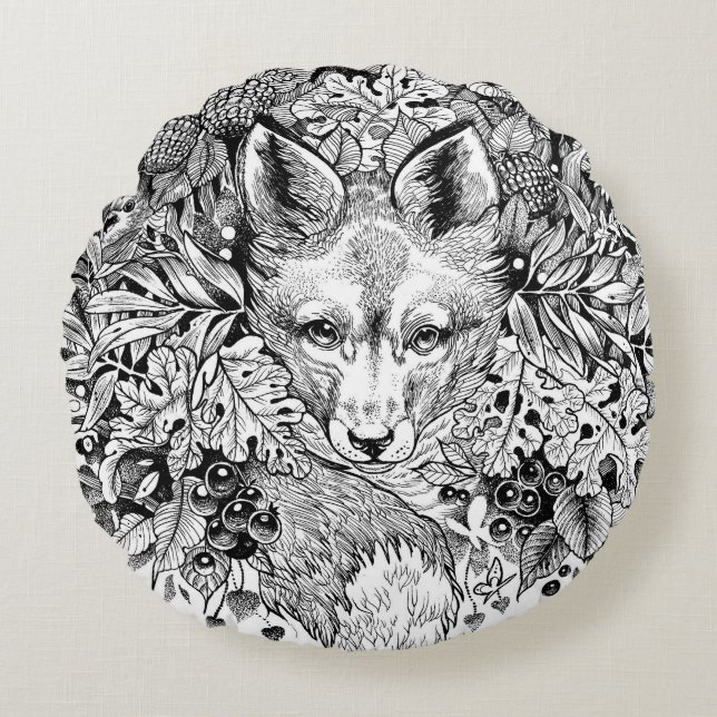 'Hiding Fox' zwarte en witte decoratieve kussen (Voorkant)