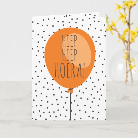 Hiep Hiep Hoera Oranje ballon Nederlandse Verjaard Kaart (Gele Bloem)