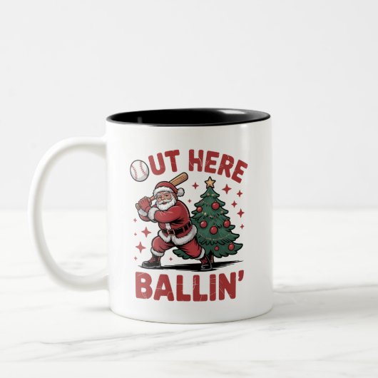 Hier buiten Ballin' Santa spelen Baseball Kerstmis Tweekleurige Koffiemok (Links)
