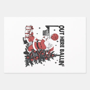Hier buiten Balling Basketbal Sport Kerstmis Inpakpapier Vel